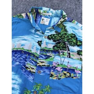 VTG Mens XL Hawaiian M. E. Sport Tropical Button Front Shirt Birds Skyline Rayon